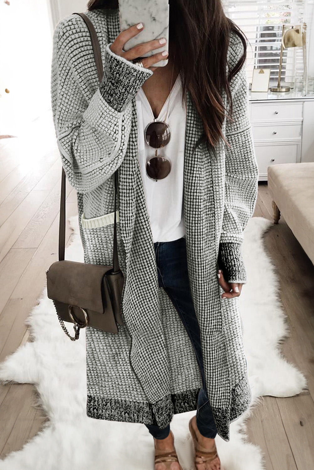 Gray Chunky Waffle Knit Oversized Collar Cardigan