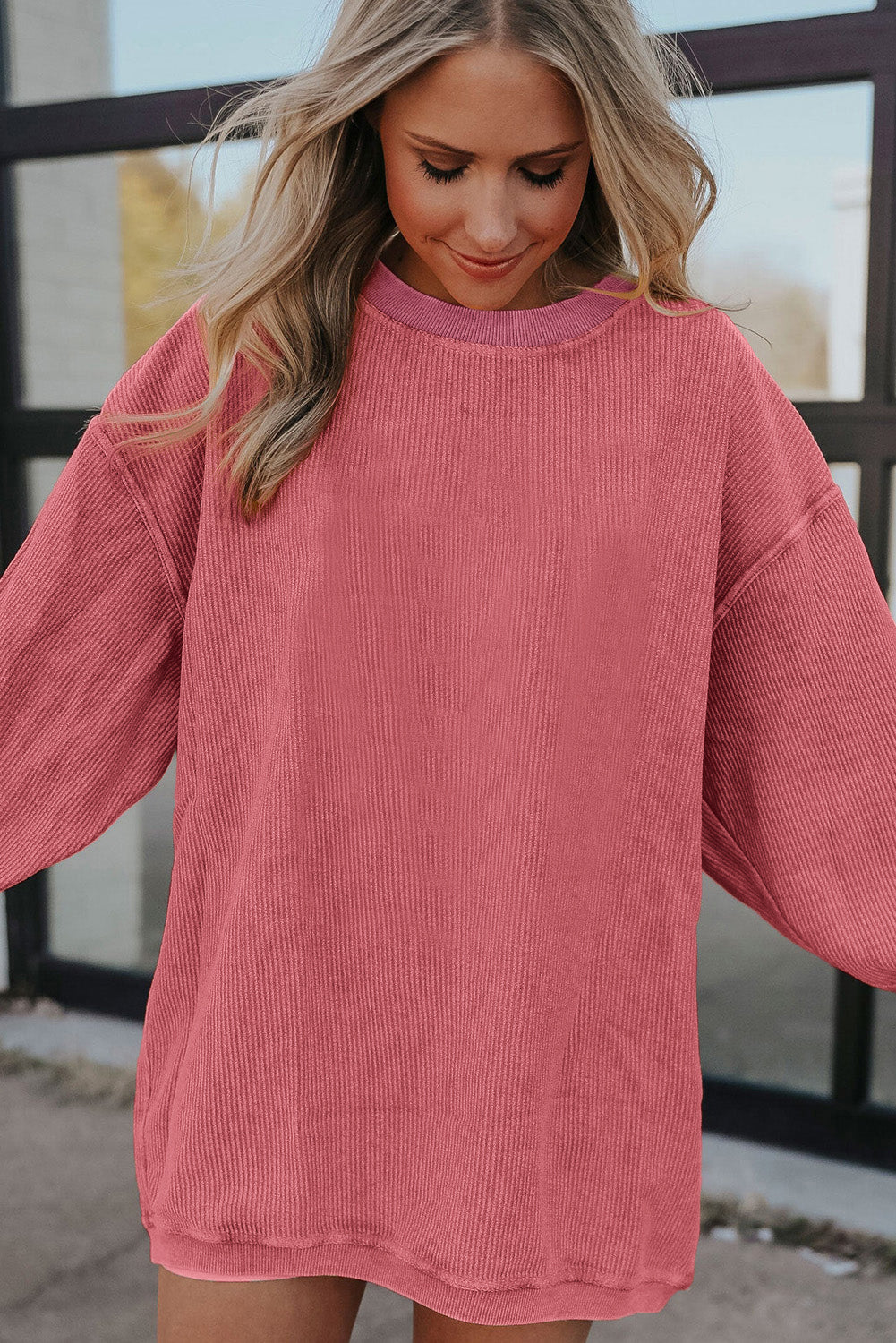 Strawberry Pink Ribbed Corded Oversized Sweatshirt