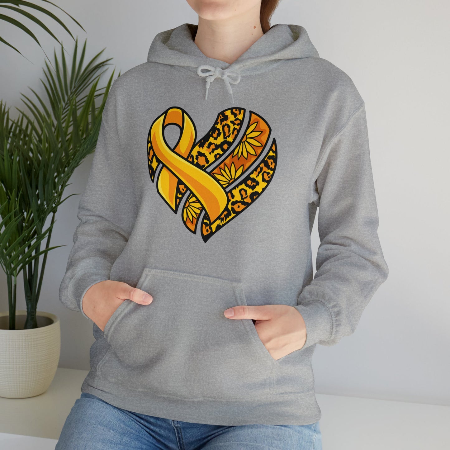 Childhood Cancer Heart Ribbon with Leopard Print and Flowers Heavy Blend™ Hooded Sweatshirt