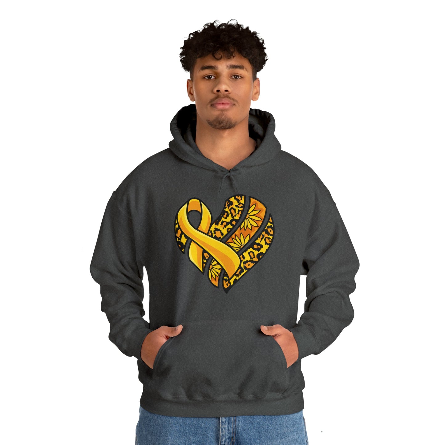 Childhood Cancer Heart Ribbon with Leopard Print and Flowers Heavy Blend™ Hooded Sweatshirt