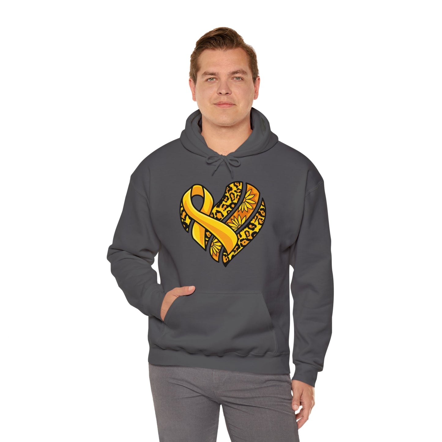 Childhood Cancer Heart Ribbon with Leopard Print and Flowers Heavy Blend™ Hooded Sweatshirt