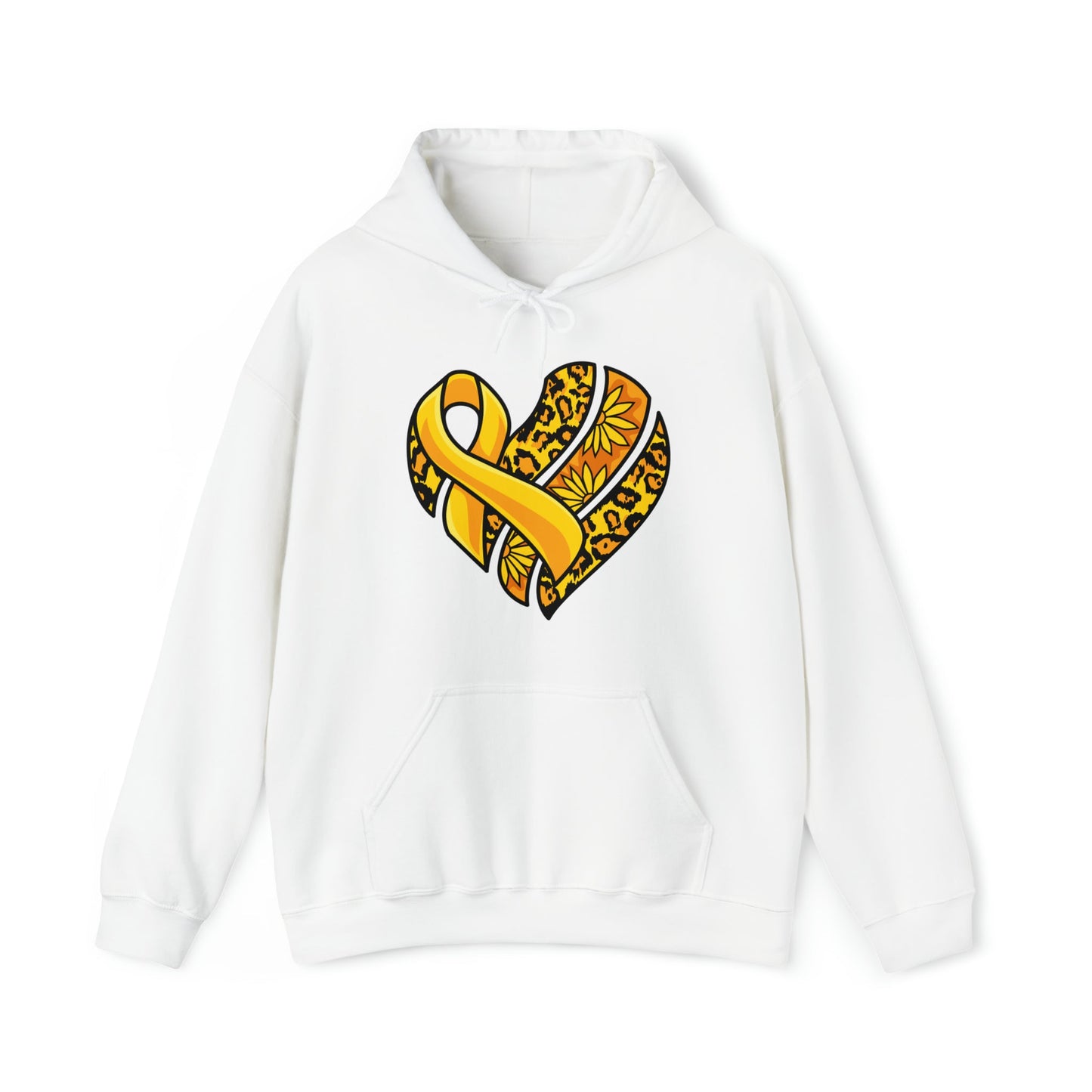 Childhood Cancer Heart Ribbon with Leopard Print and Flowers Heavy Blend™ Hooded Sweatshirt