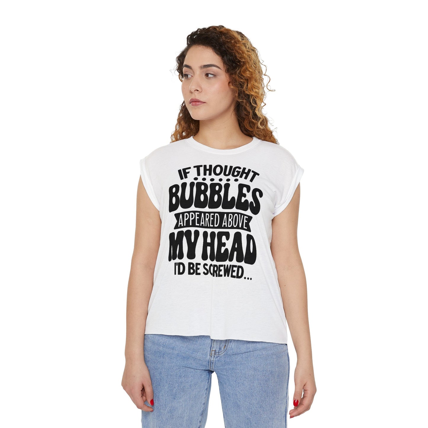 Thought Bubbles Women’s Flowy Rolled Cuffs Muscle Tee