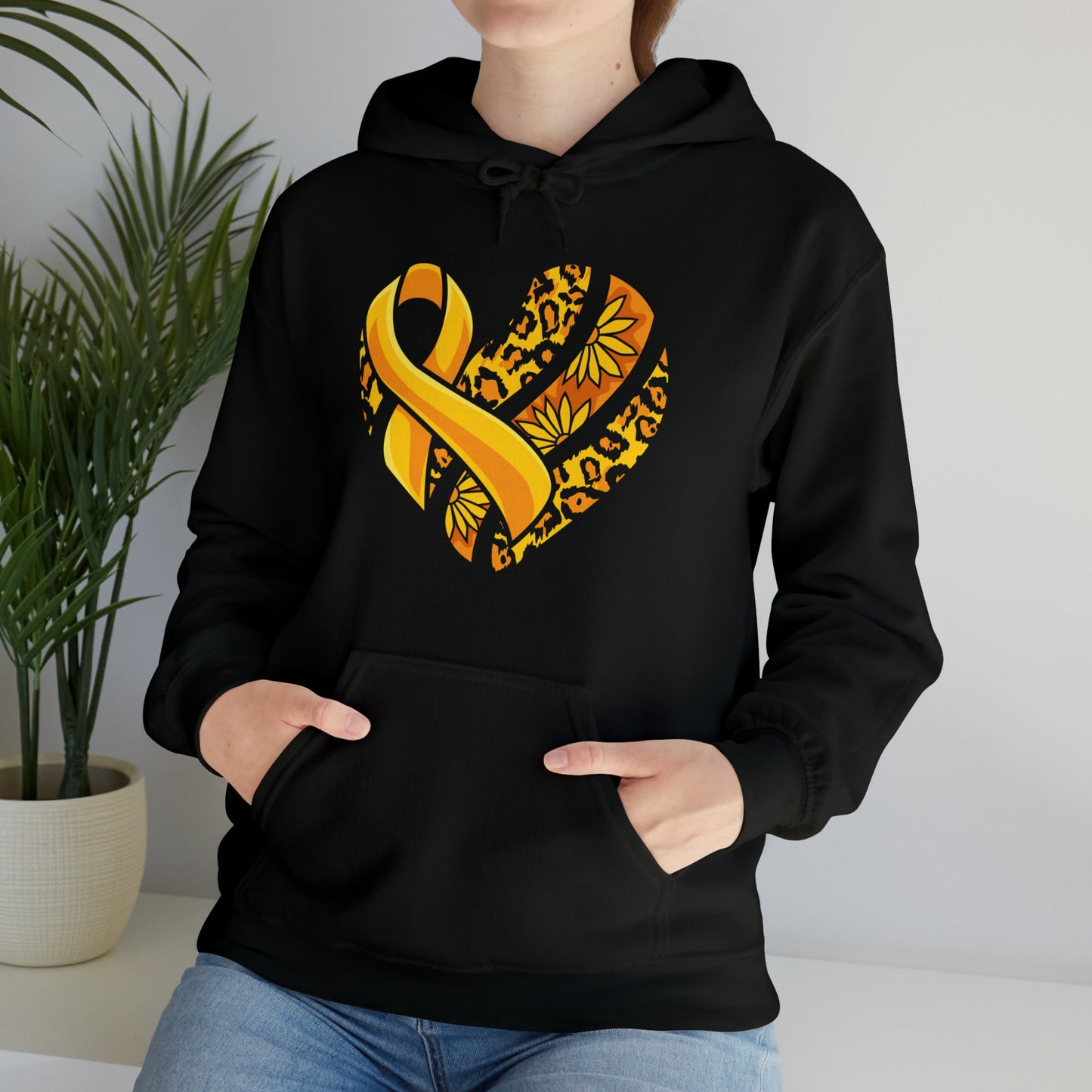 Childhood Cancer Heart Ribbon with Leopard Print and Flowers Heavy Blend™ Hooded Sweatshirt