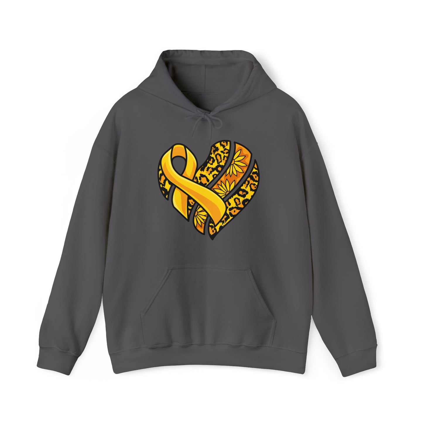 Childhood Cancer Heart Ribbon with Leopard Print and Flowers Heavy Blend™ Hooded Sweatshirt