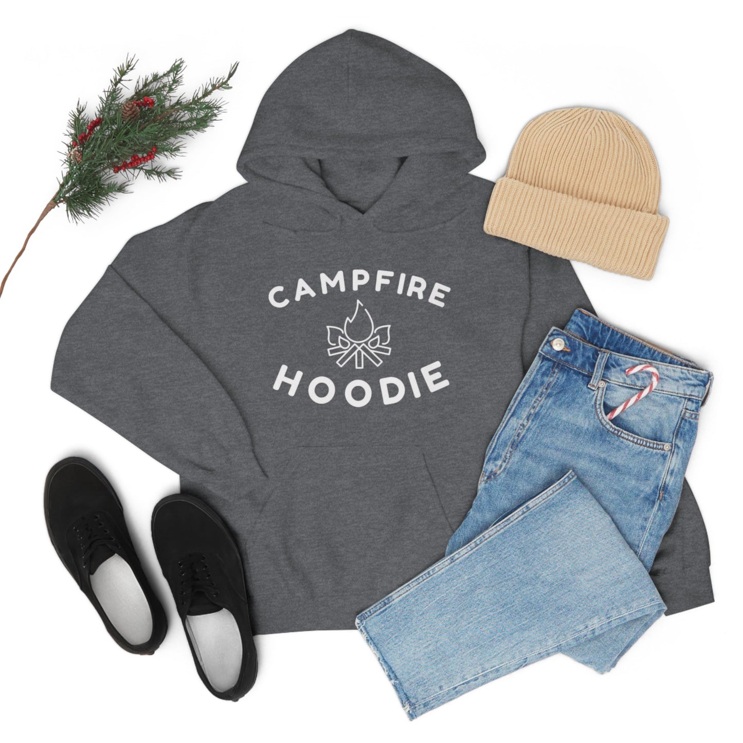 Campfire Hoodie White Print Heavy Blend™ Hooded Sweatshirt