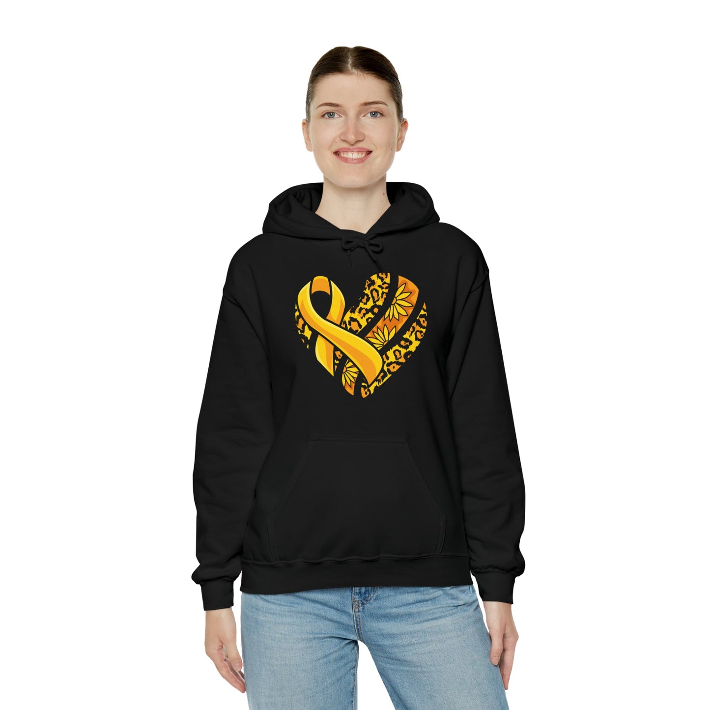 Childhood Cancer Heart Ribbon with Leopard Print and Flowers Heavy Blend™ Hooded Sweatshirt