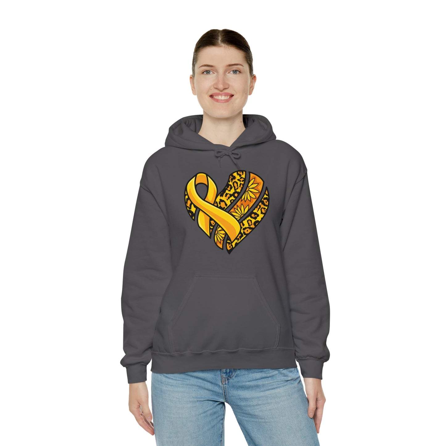 Childhood Cancer Heart Ribbon with Leopard Print and Flowers Heavy Blend™ Hooded Sweatshirt