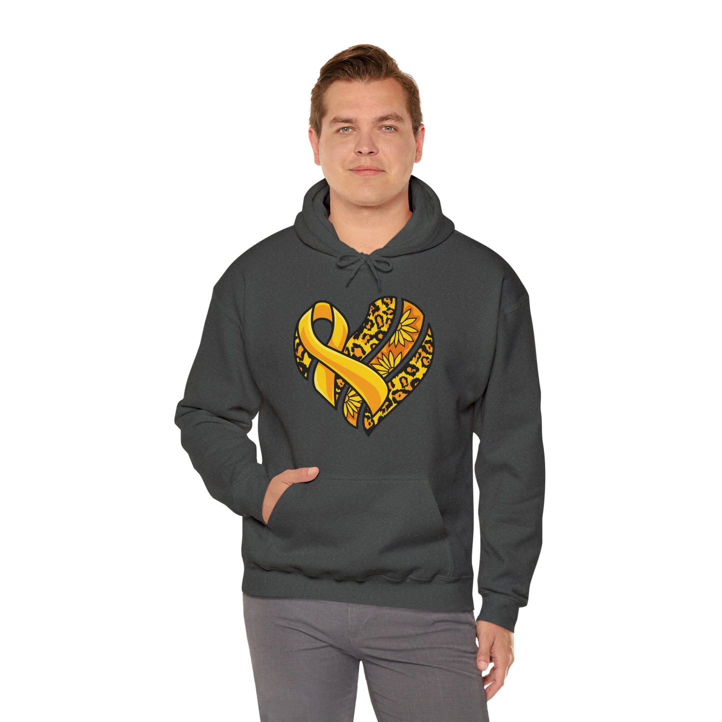 Childhood Cancer Heart Ribbon with Leopard Print and Flowers Heavy Blend™ Hooded Sweatshirt