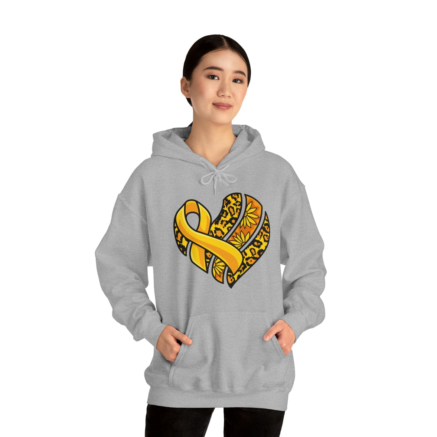 Childhood Cancer Heart Ribbon with Leopard Print and Flowers Heavy Blend™ Hooded Sweatshirt