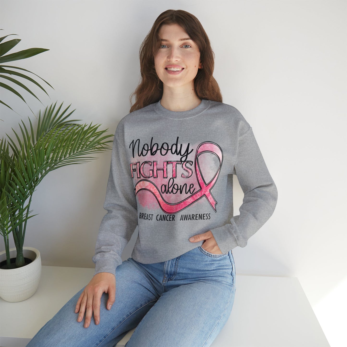 No One Fights Alone Breast Cancer Awareness Heavy Blend™ Crewneck Sweatshirt