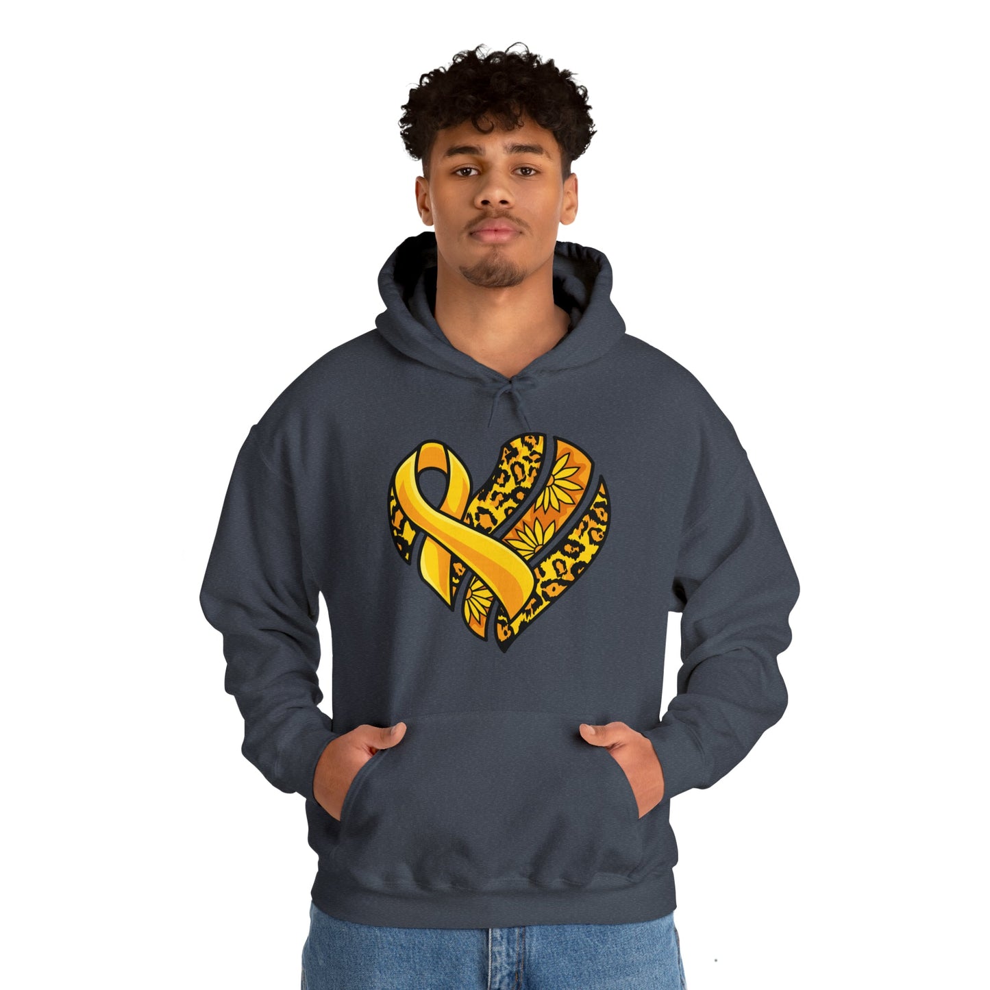 Childhood Cancer Heart Ribbon with Leopard Print and Flowers Heavy Blend™ Hooded Sweatshirt