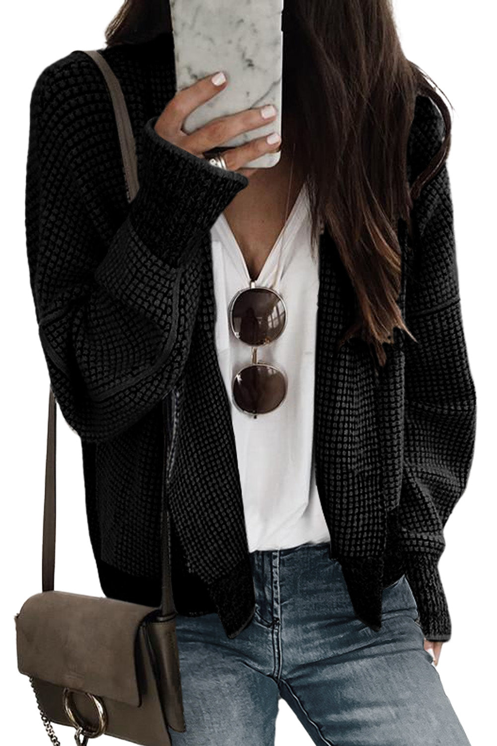 Gray Chunky Waffle Knit Oversized Collar Cardigan