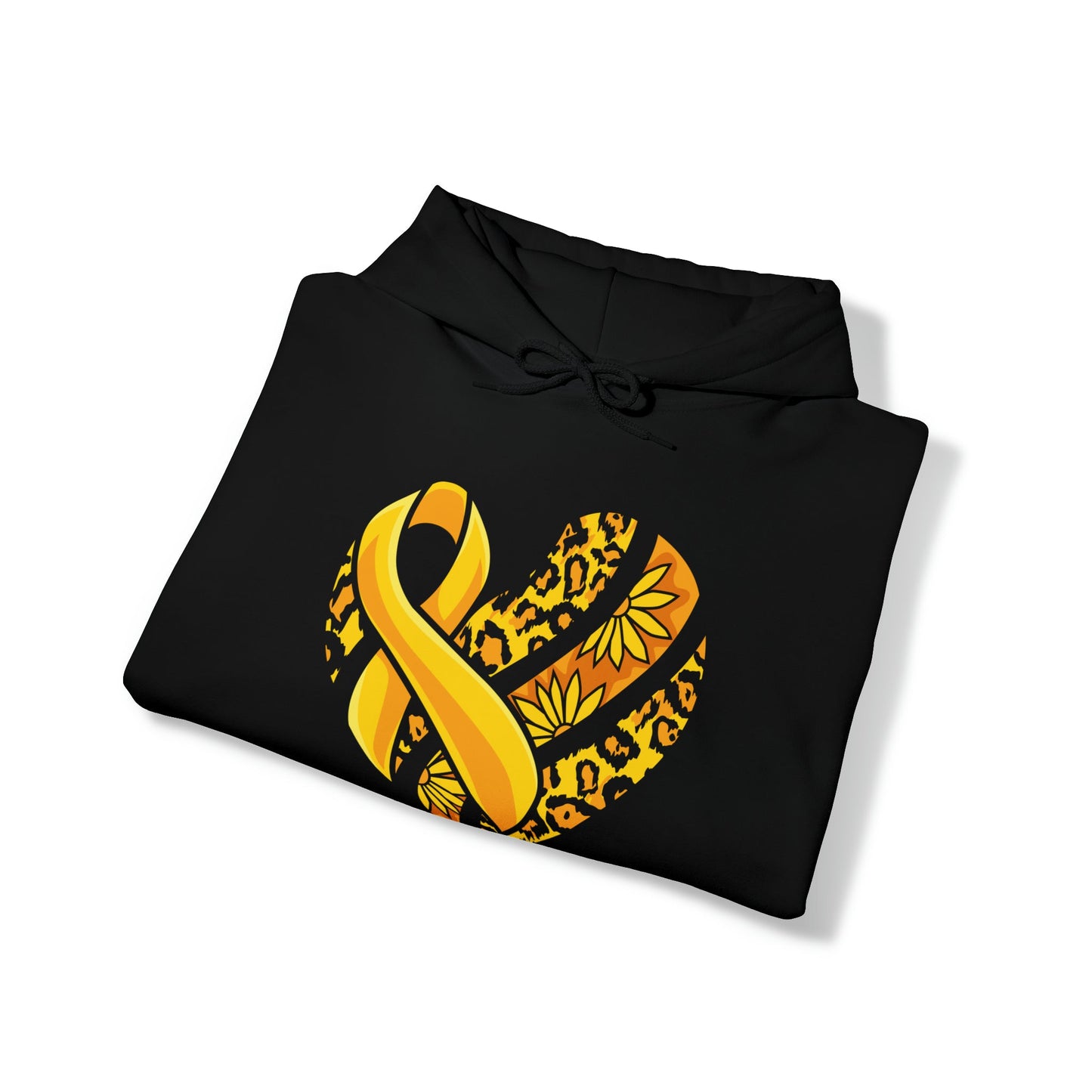 Childhood Cancer Heart Ribbon with Leopard Print and Flowers Heavy Blend™ Hooded Sweatshirt