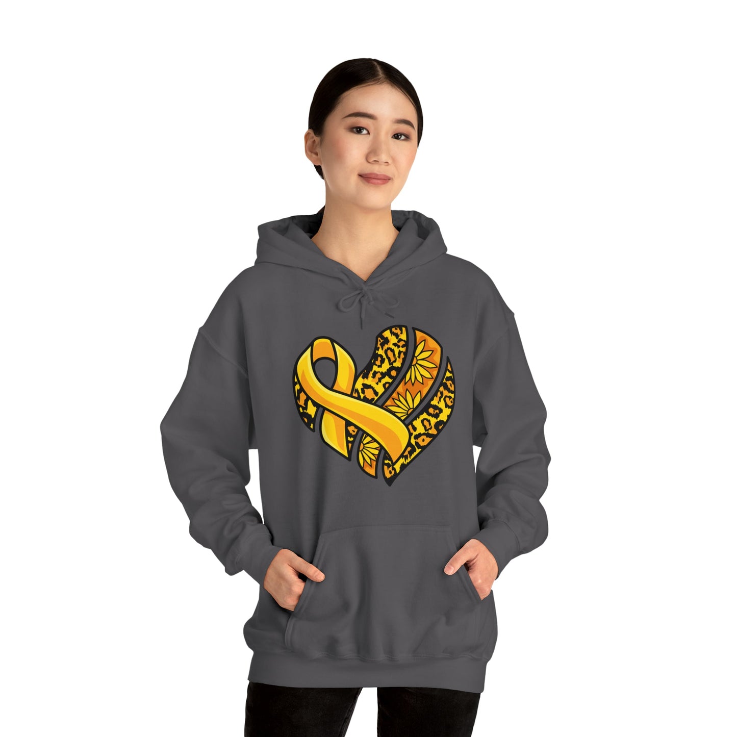 Childhood Cancer Heart Ribbon with Leopard Print and Flowers Heavy Blend™ Hooded Sweatshirt