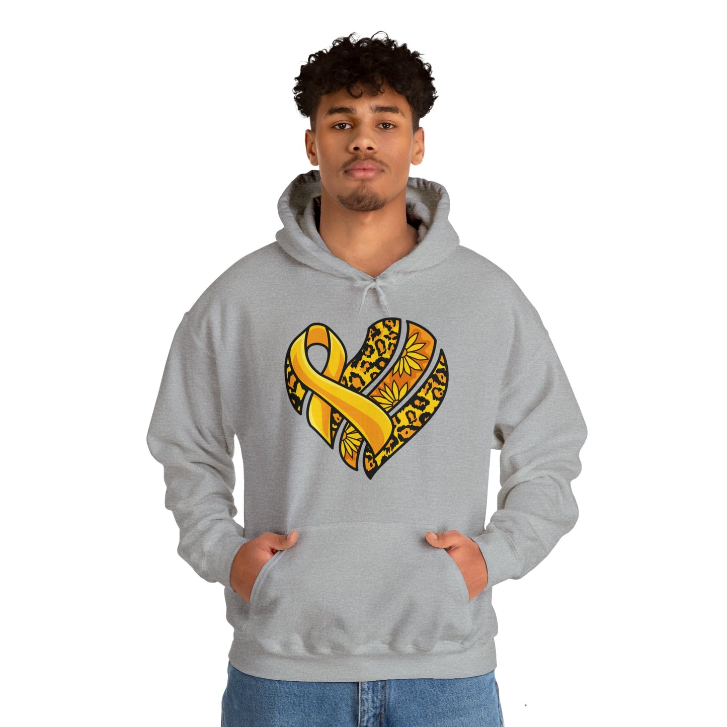 Childhood Cancer Heart Ribbon with Leopard Print and Flowers Heavy Blend™ Hooded Sweatshirt