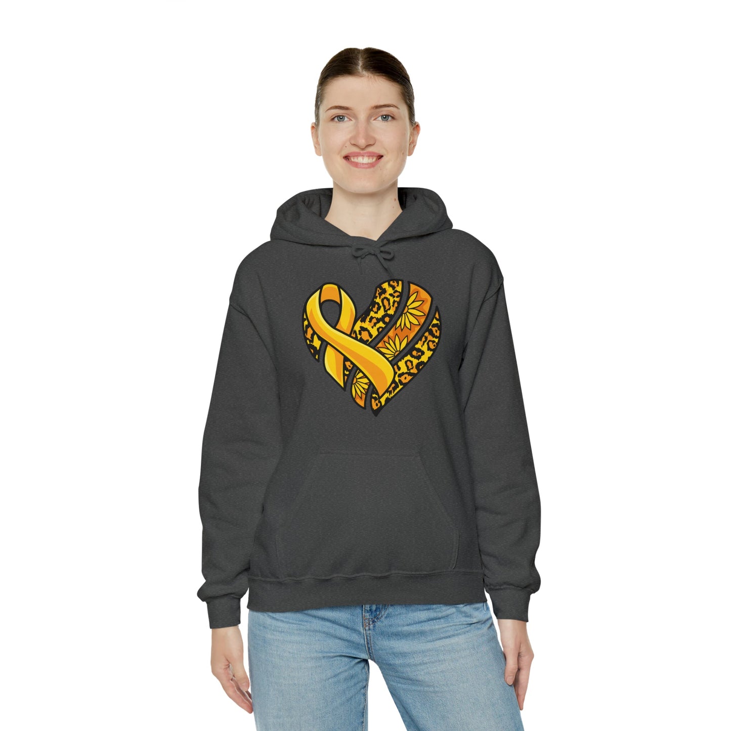 Childhood Cancer Heart Ribbon with Leopard Print and Flowers Heavy Blend™ Hooded Sweatshirt