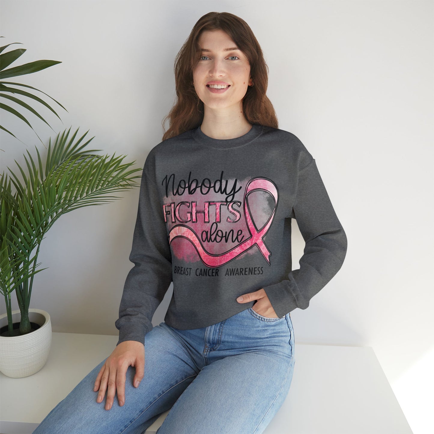 No One Fights Alone Breast Cancer Awareness Heavy Blend™ Crewneck Sweatshirt