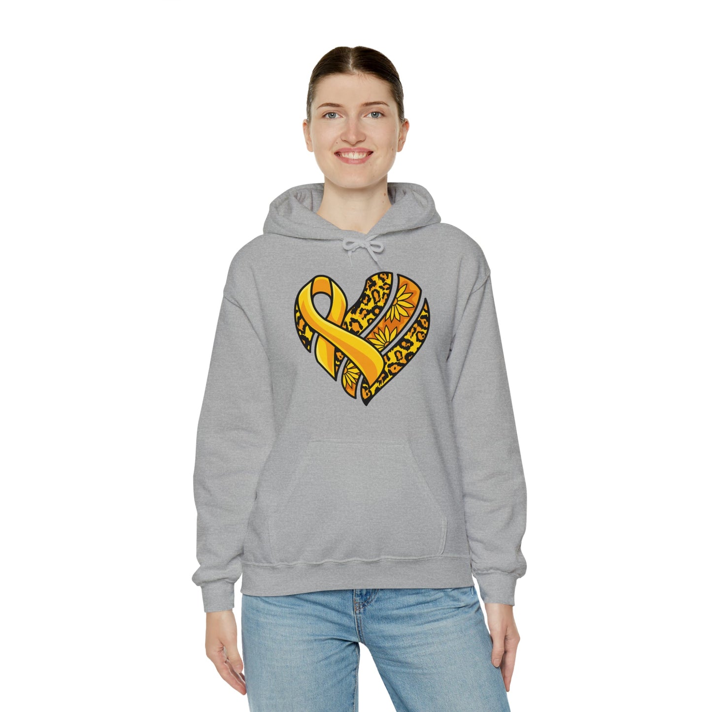 Childhood Cancer Heart Ribbon with Leopard Print and Flowers Heavy Blend™ Hooded Sweatshirt