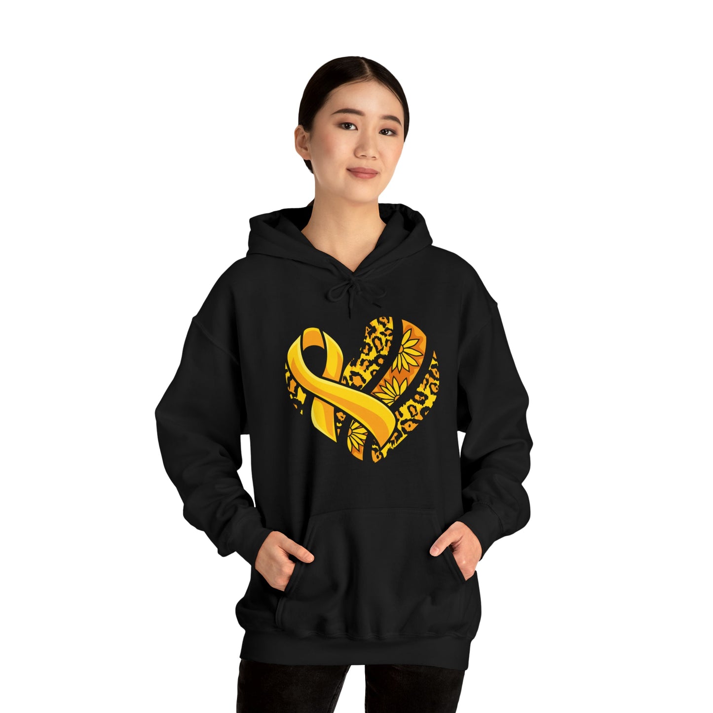 Childhood Cancer Heart Ribbon with Leopard Print and Flowers Heavy Blend™ Hooded Sweatshirt