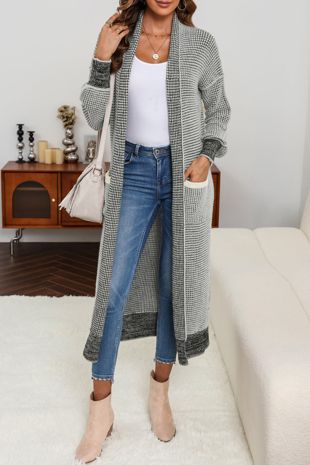 Gray Chunky Waffle Knit Oversized Collar Cardigan