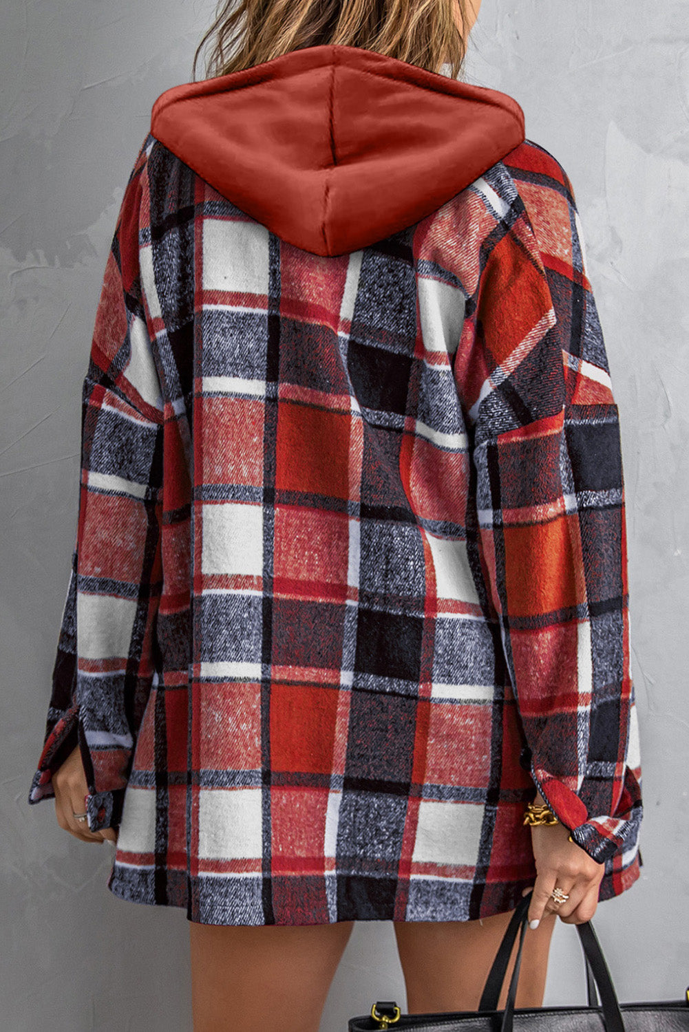 Red Printed Plus Size Plaid Button up Hooded Jacket