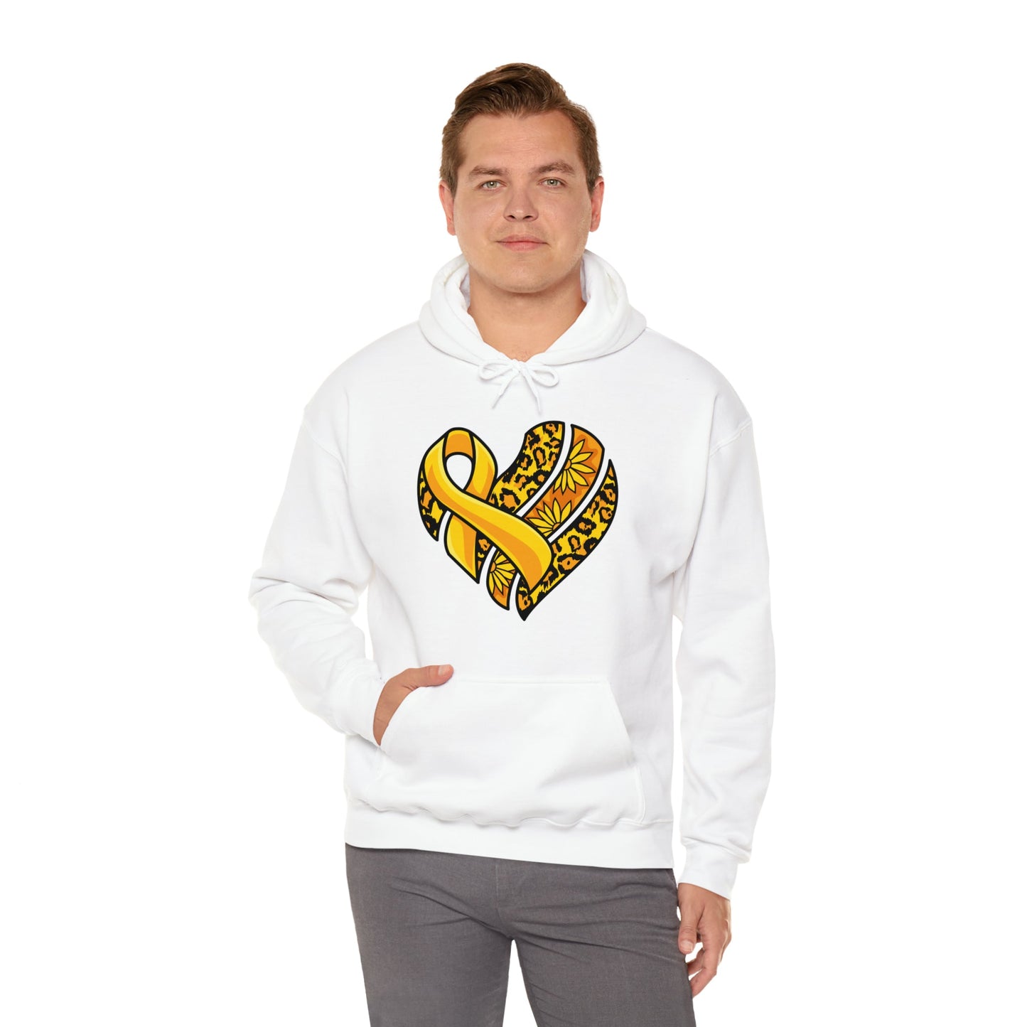 Childhood Cancer Heart Ribbon with Leopard Print and Flowers Heavy Blend™ Hooded Sweatshirt