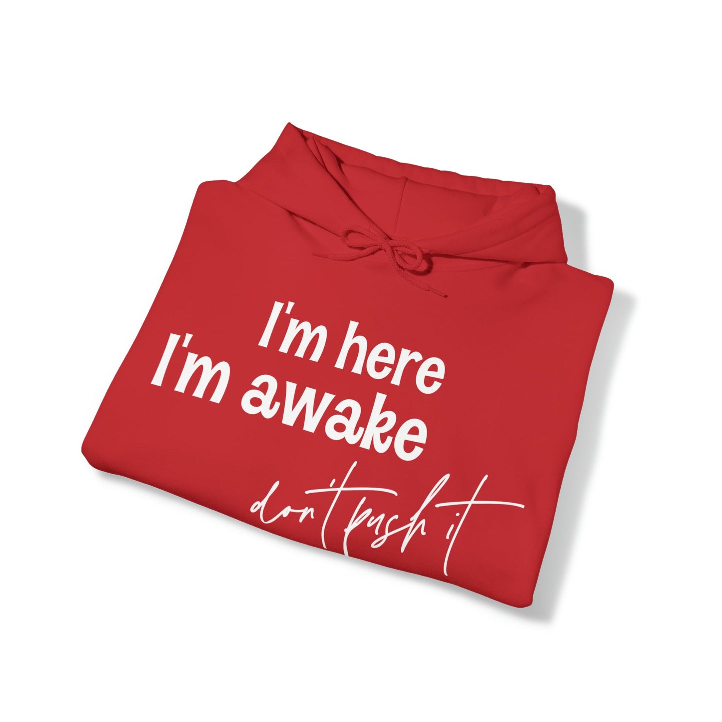 I’m Here I’m Awake Don't Push It  Heavy Blend™ Hooded Sweatshirt