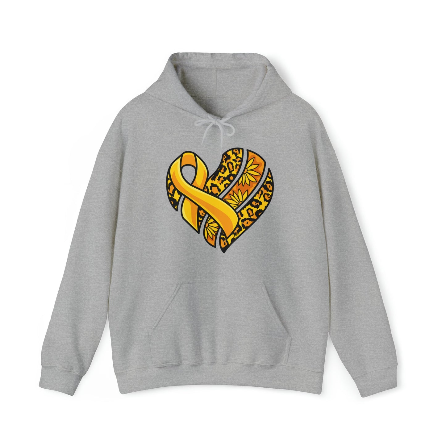 Childhood Cancer Heart Ribbon with Leopard Print and Flowers Heavy Blend™ Hooded Sweatshirt