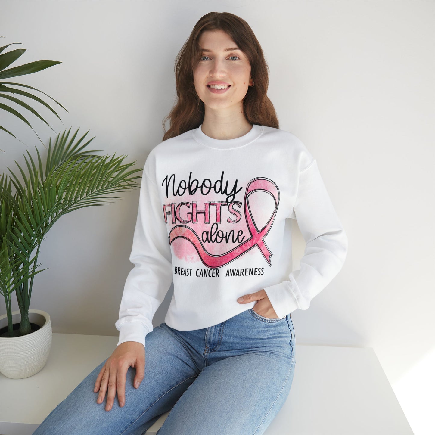 No One Fights Alone Breast Cancer Awareness Heavy Blend™ Crewneck Sweatshirt