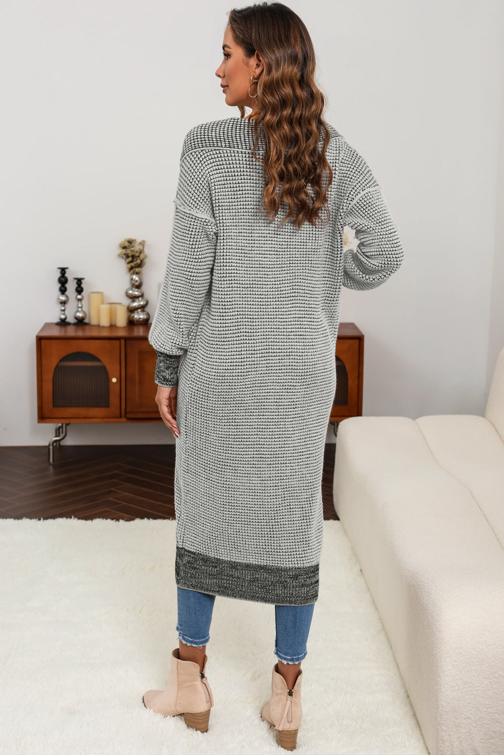 Gray Chunky Waffle Knit Oversized Collar Cardigan