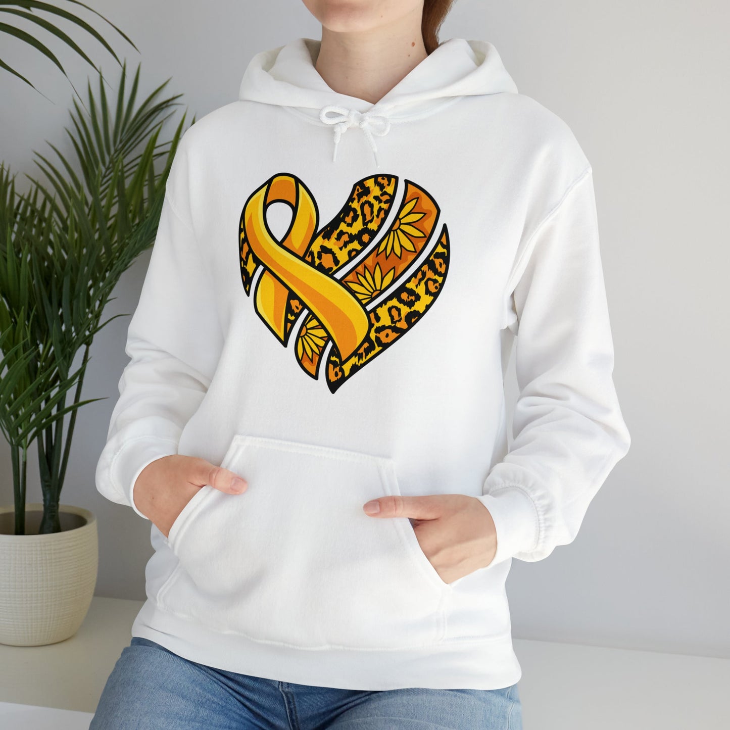 Childhood Cancer Heart Ribbon with Leopard Print and Flowers Heavy Blend™ Hooded Sweatshirt