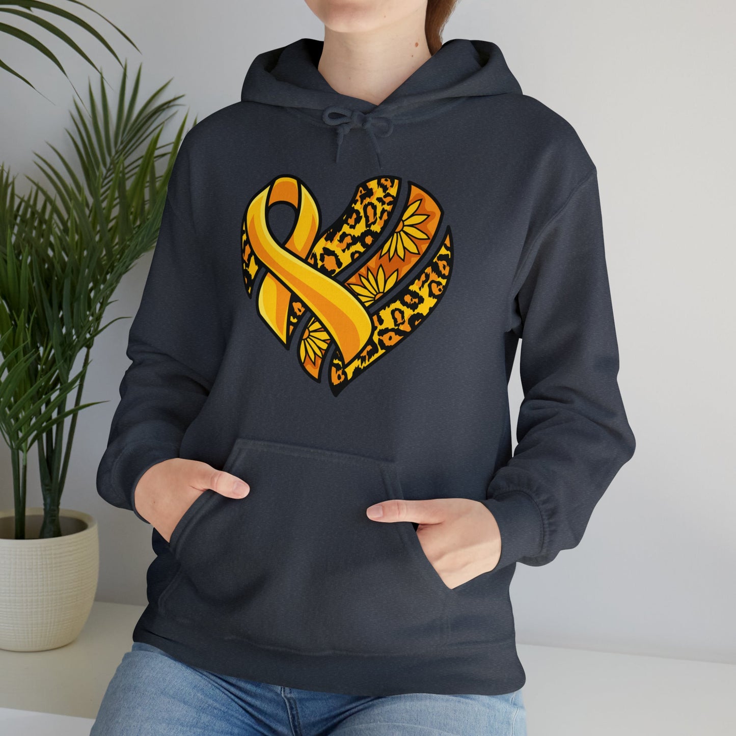 Childhood Cancer Heart Ribbon with Leopard Print and Flowers Heavy Blend™ Hooded Sweatshirt