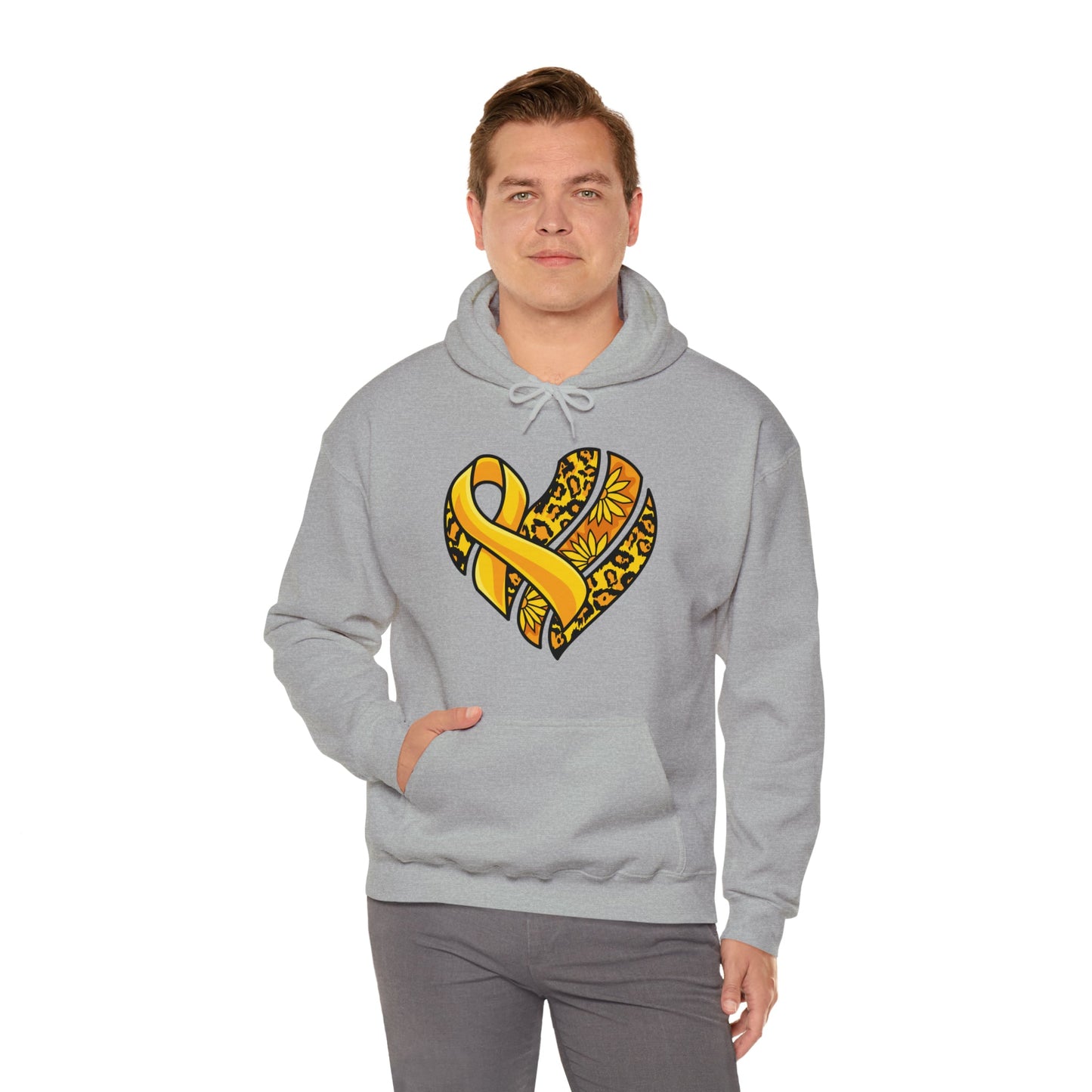 Childhood Cancer Heart Ribbon with Leopard Print and Flowers Heavy Blend™ Hooded Sweatshirt