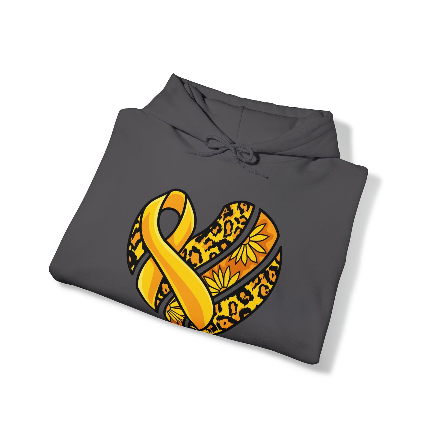 Childhood Cancer Heart Ribbon with Leopard Print and Flowers Heavy Blend™ Hooded Sweatshirt