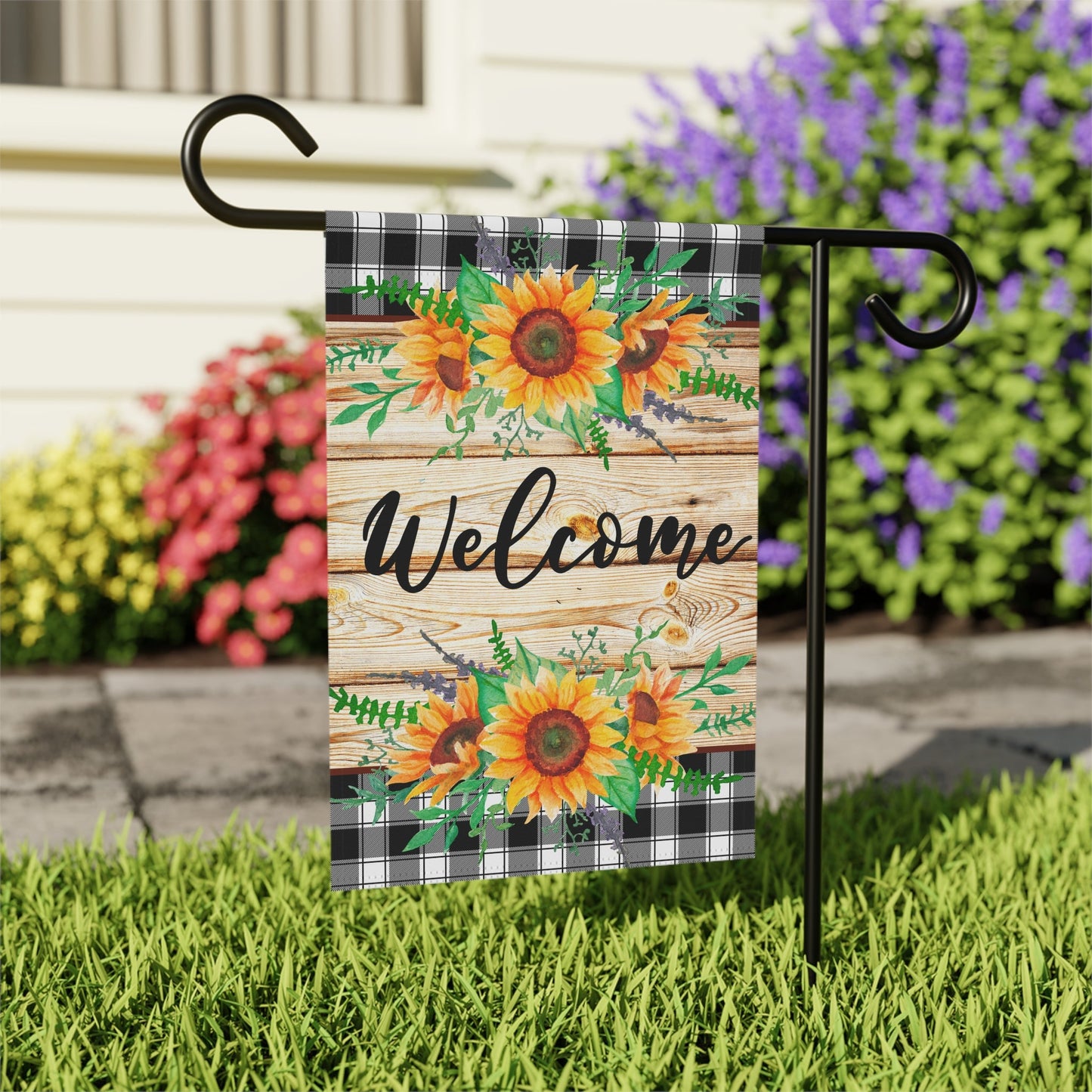 Welcome Sunflowers and Buffalo Plaid Garden & House Banner