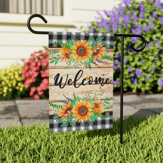 Welcome Sunflowers and Buffalo Plaid Garden & House Banner