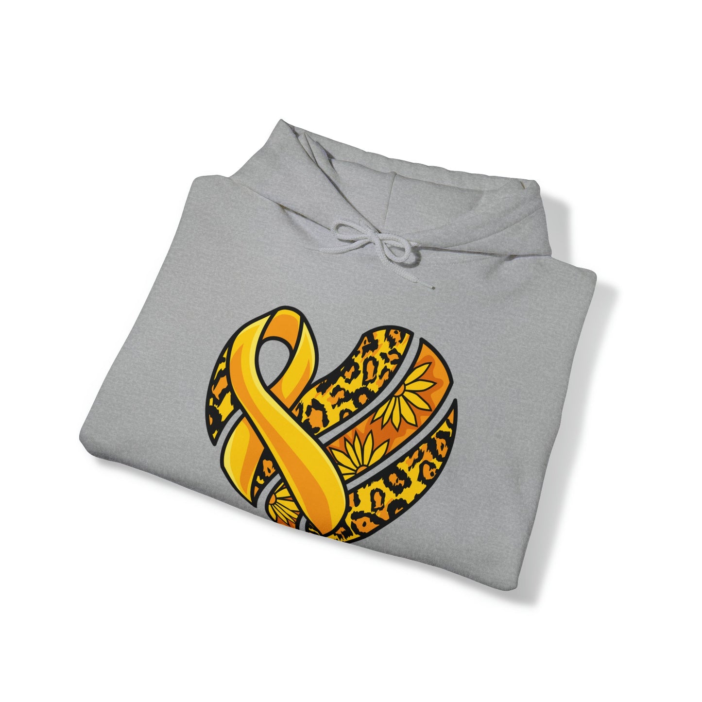 Childhood Cancer Heart Ribbon with Leopard Print and Flowers Heavy Blend™ Hooded Sweatshirt