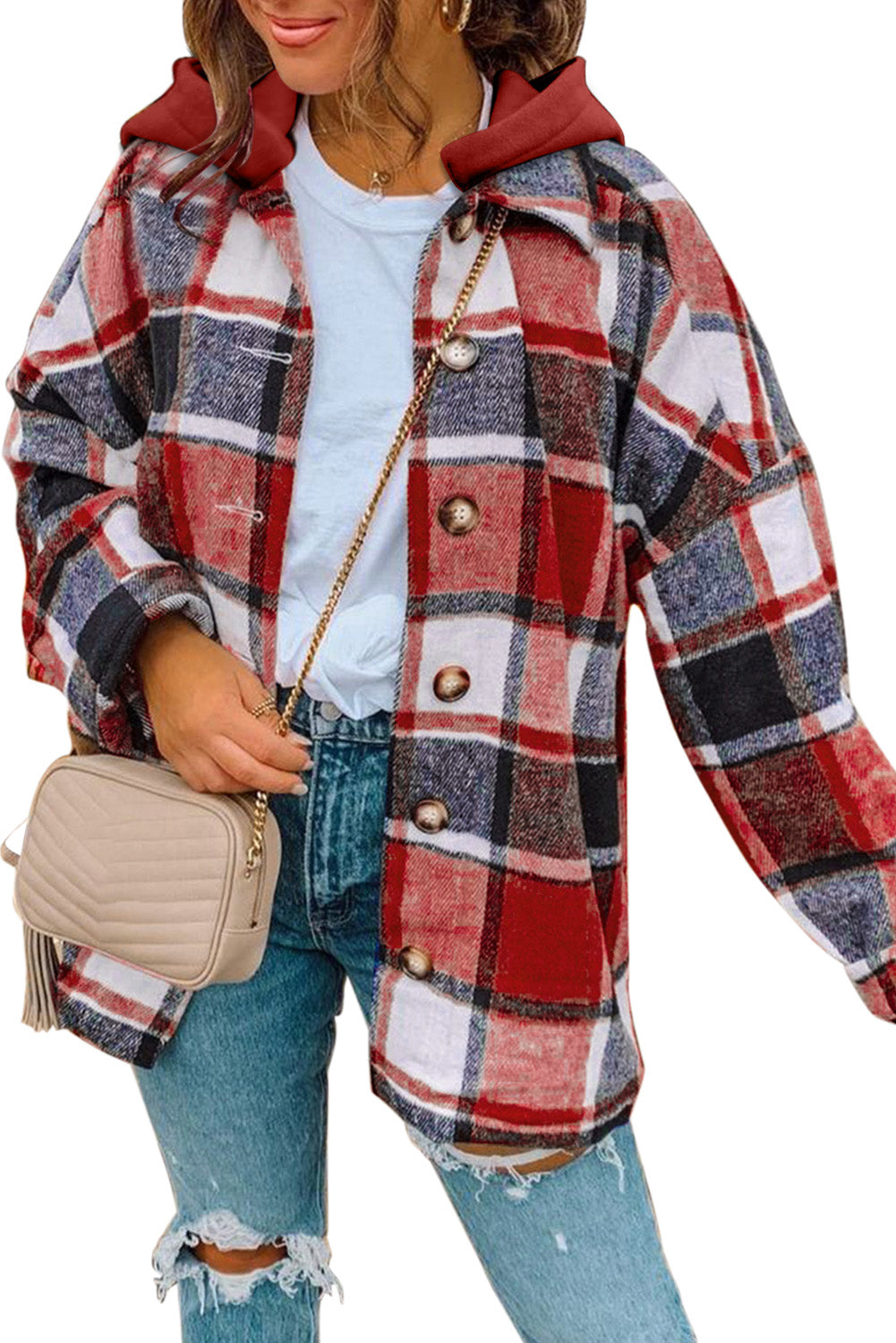 Red Printed Plus Size Plaid Button up Hooded Jacket