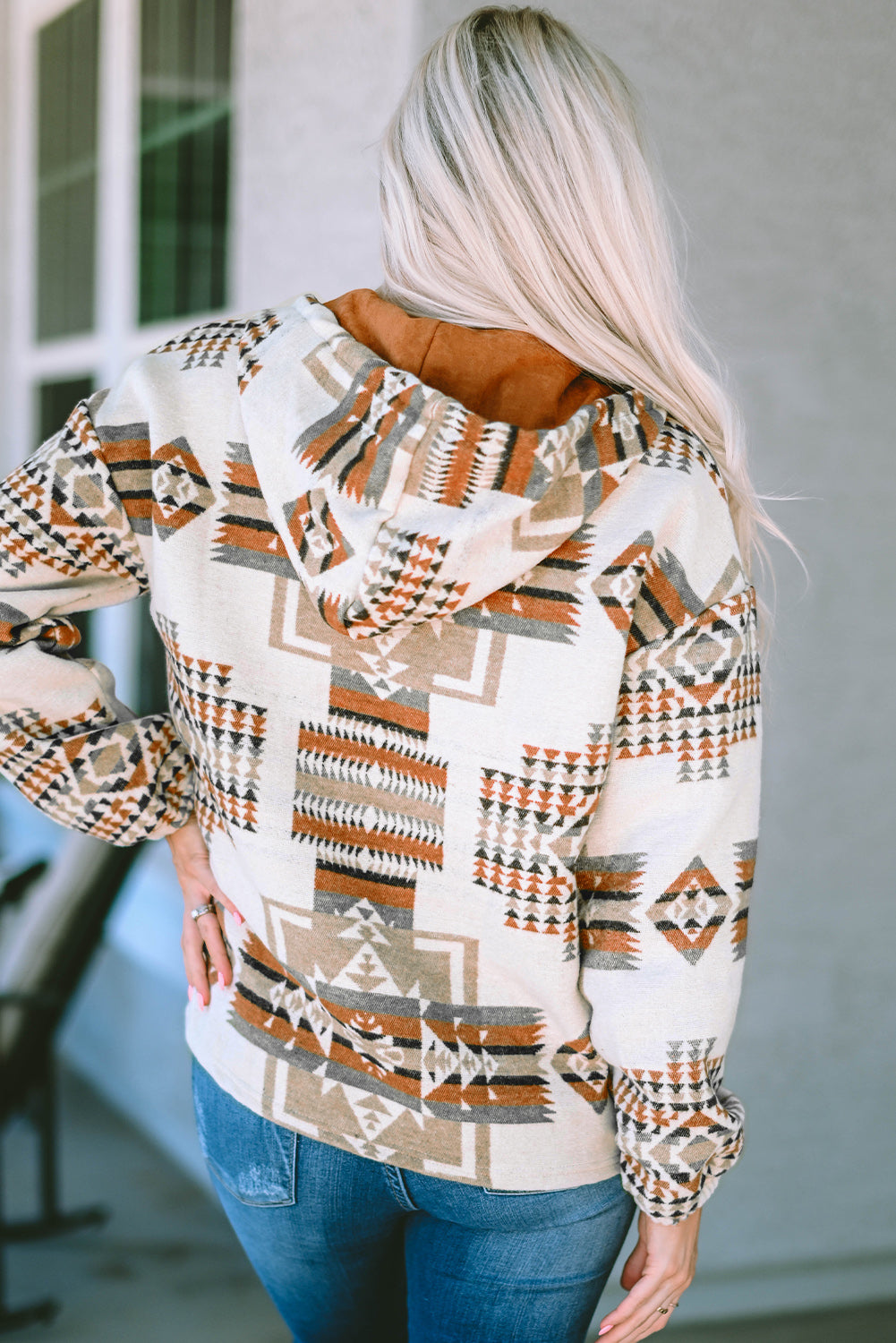 Beige Aztec Print Kangaroo Pockets Plus Size Hoodie