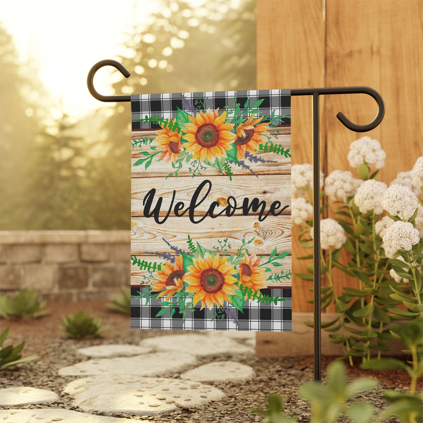 Welcome Sunflowers and Buffalo Plaid Garden & House Banner