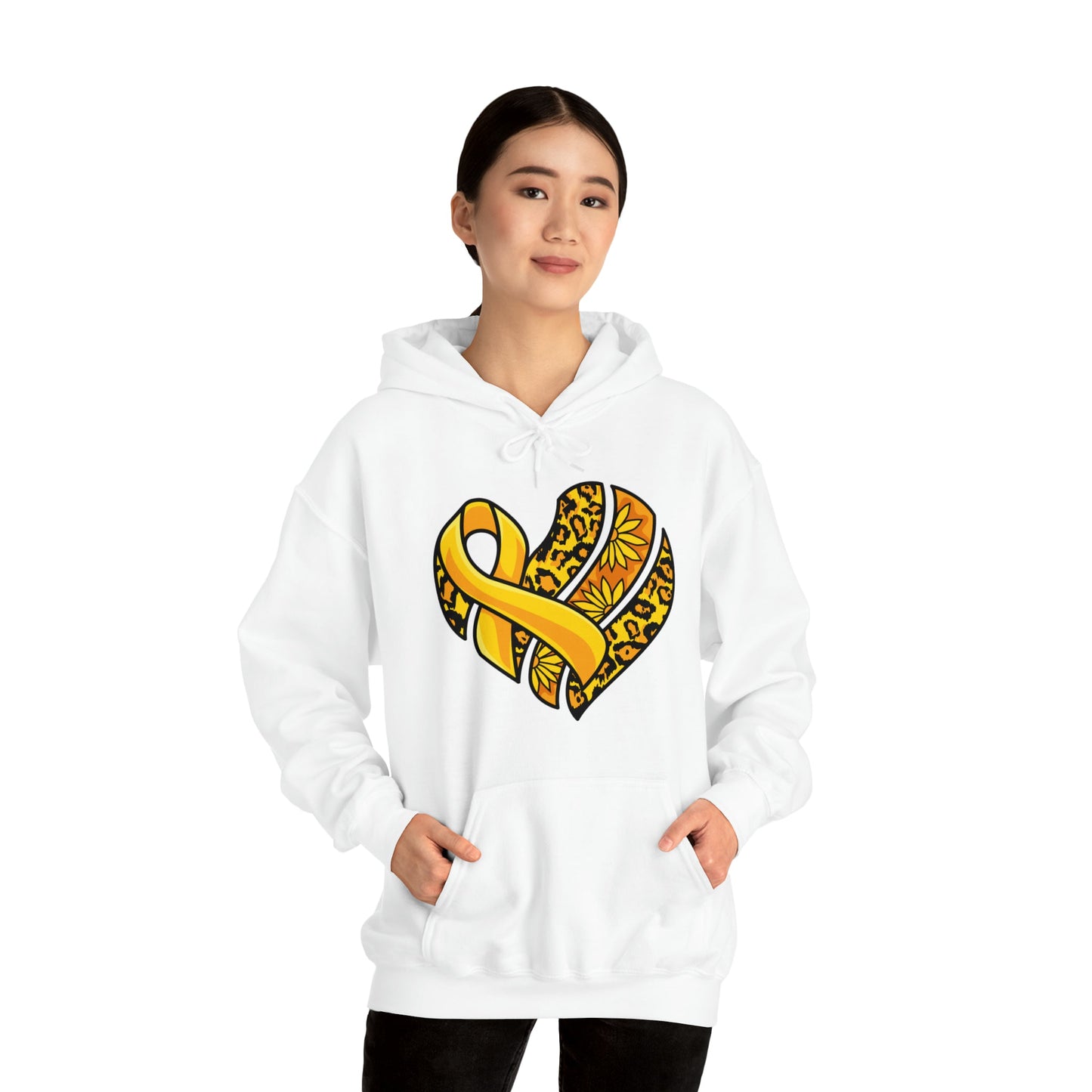 Childhood Cancer Heart Ribbon with Leopard Print and Flowers Heavy Blend™ Hooded Sweatshirt