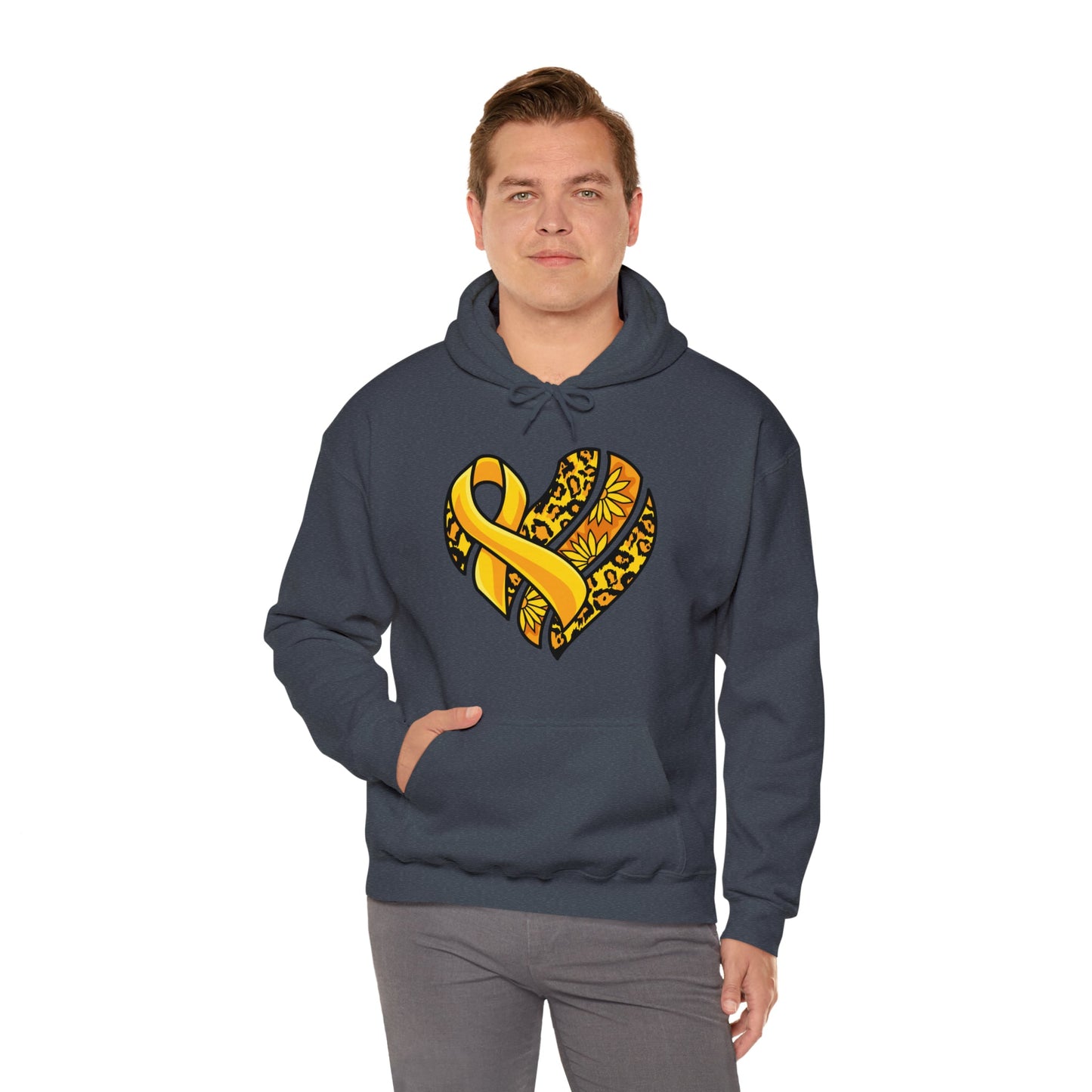 Childhood Cancer Heart Ribbon with Leopard Print and Flowers Heavy Blend™ Hooded Sweatshirt