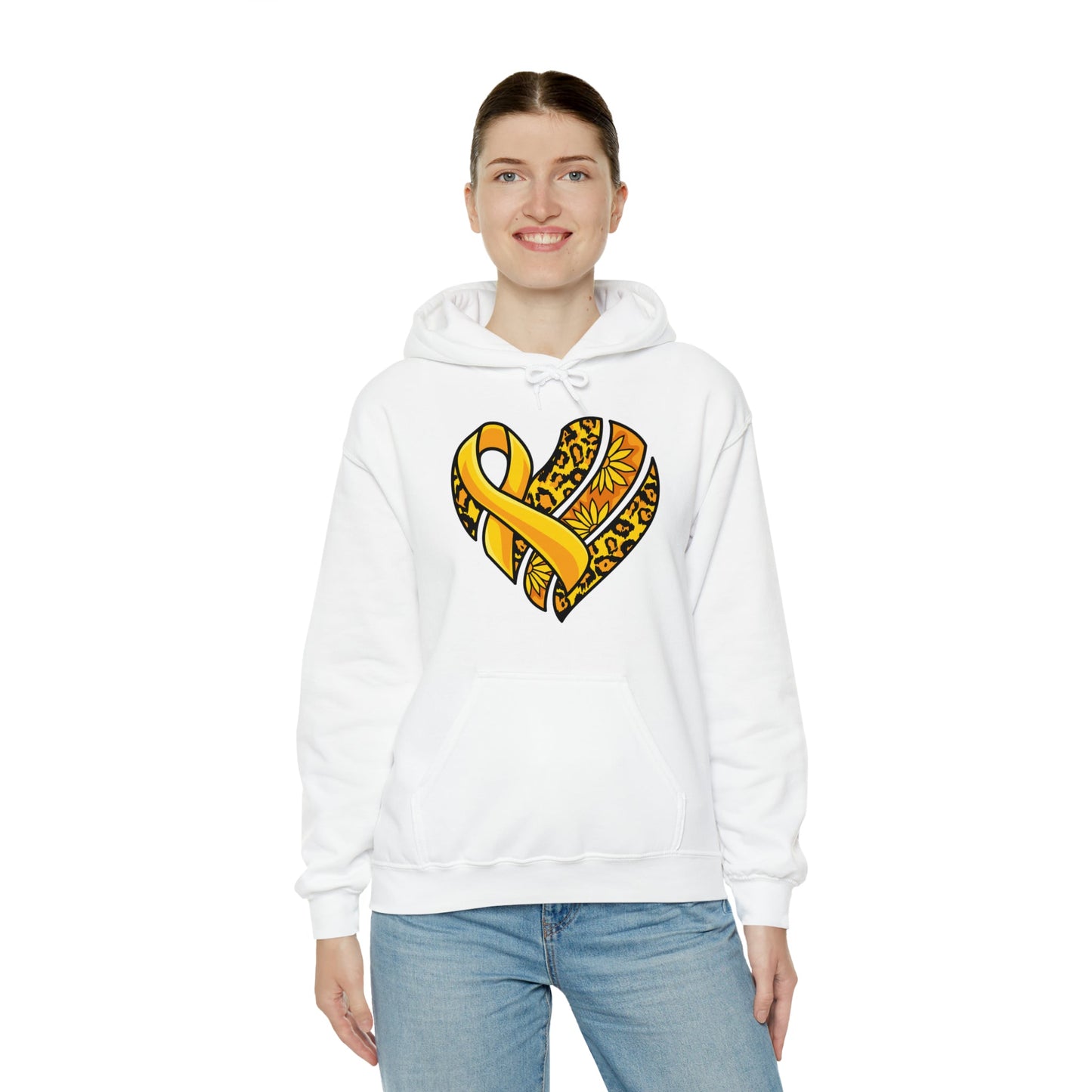 Childhood Cancer Heart Ribbon with Leopard Print and Flowers Heavy Blend™ Hooded Sweatshirt