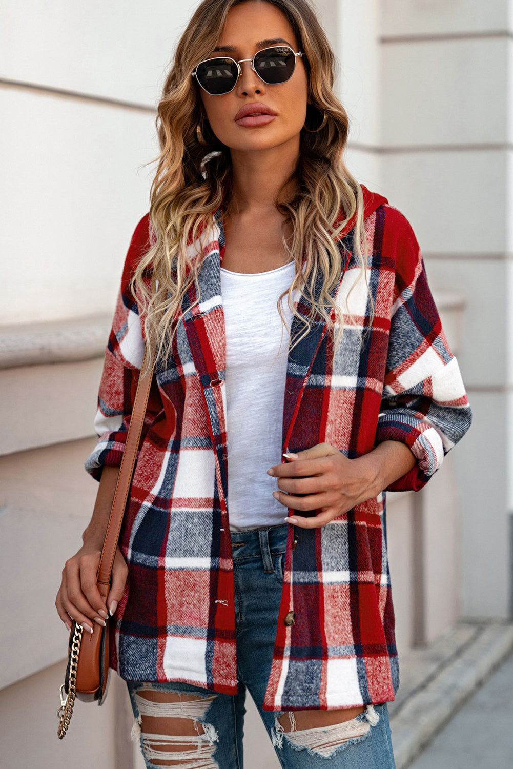 Red Printed Plus Size Plaid Button up Hooded Jacket