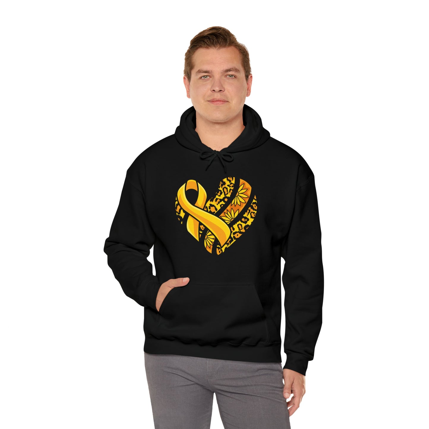 Childhood Cancer Heart Ribbon with Leopard Print and Flowers Heavy Blend™ Hooded Sweatshirt