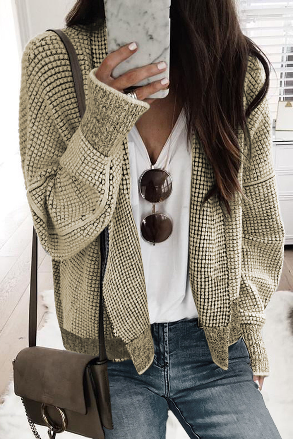 Gray Chunky Waffle Knit Oversized Collar Cardigan