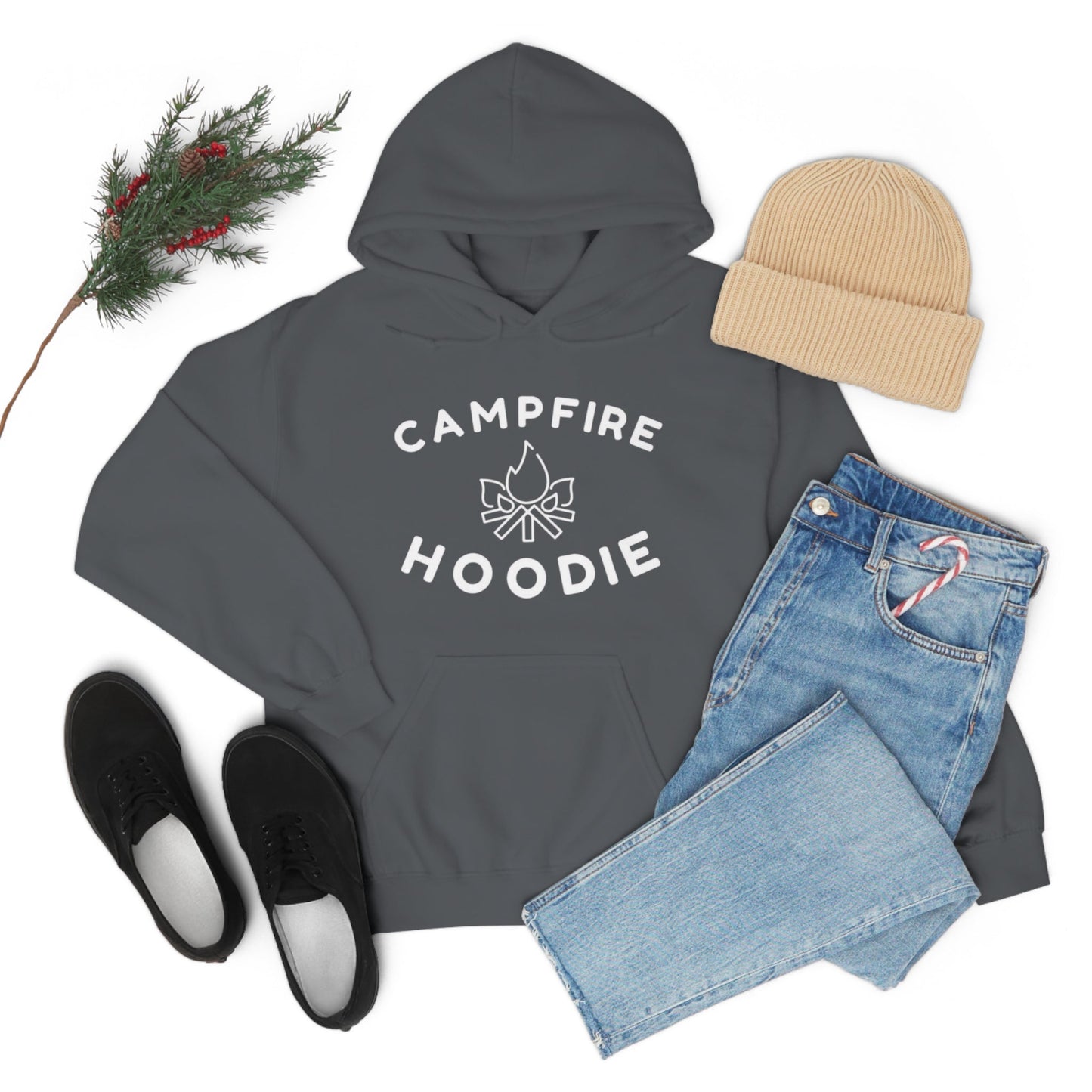 Campfire Hoodie White Print Heavy Blend™ Hooded Sweatshirt