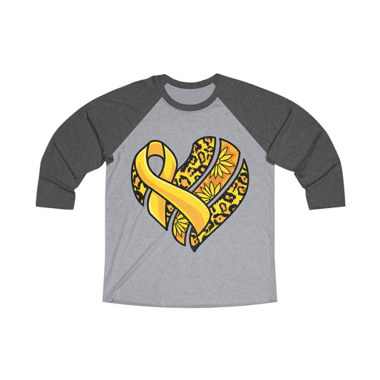 Childhood Cancer Heart Ribbon with Leopard Print and Flowers Tri-Blend Baseball Tee