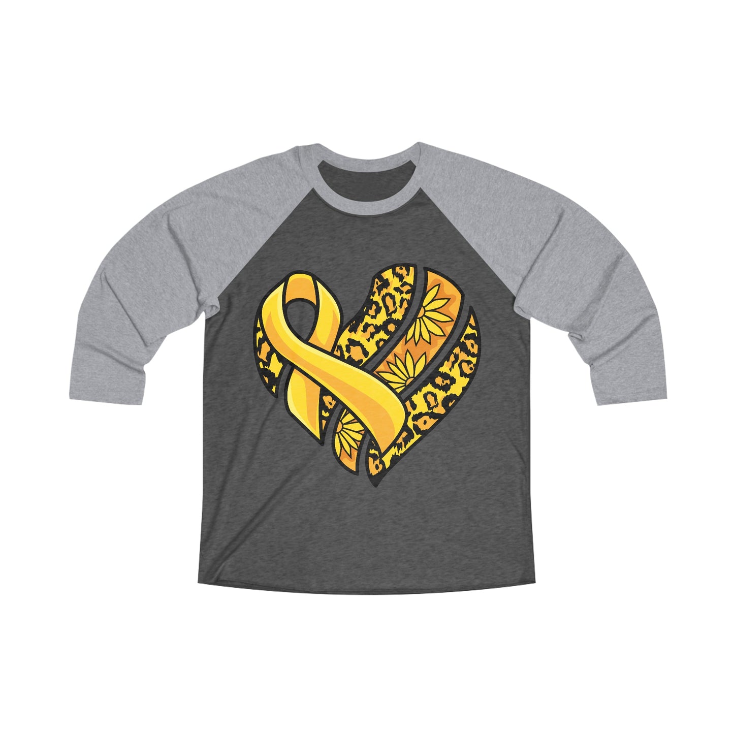 Childhood Cancer Heart Ribbon with Leopard Print and Flowers Tri-Blend Baseball Tee